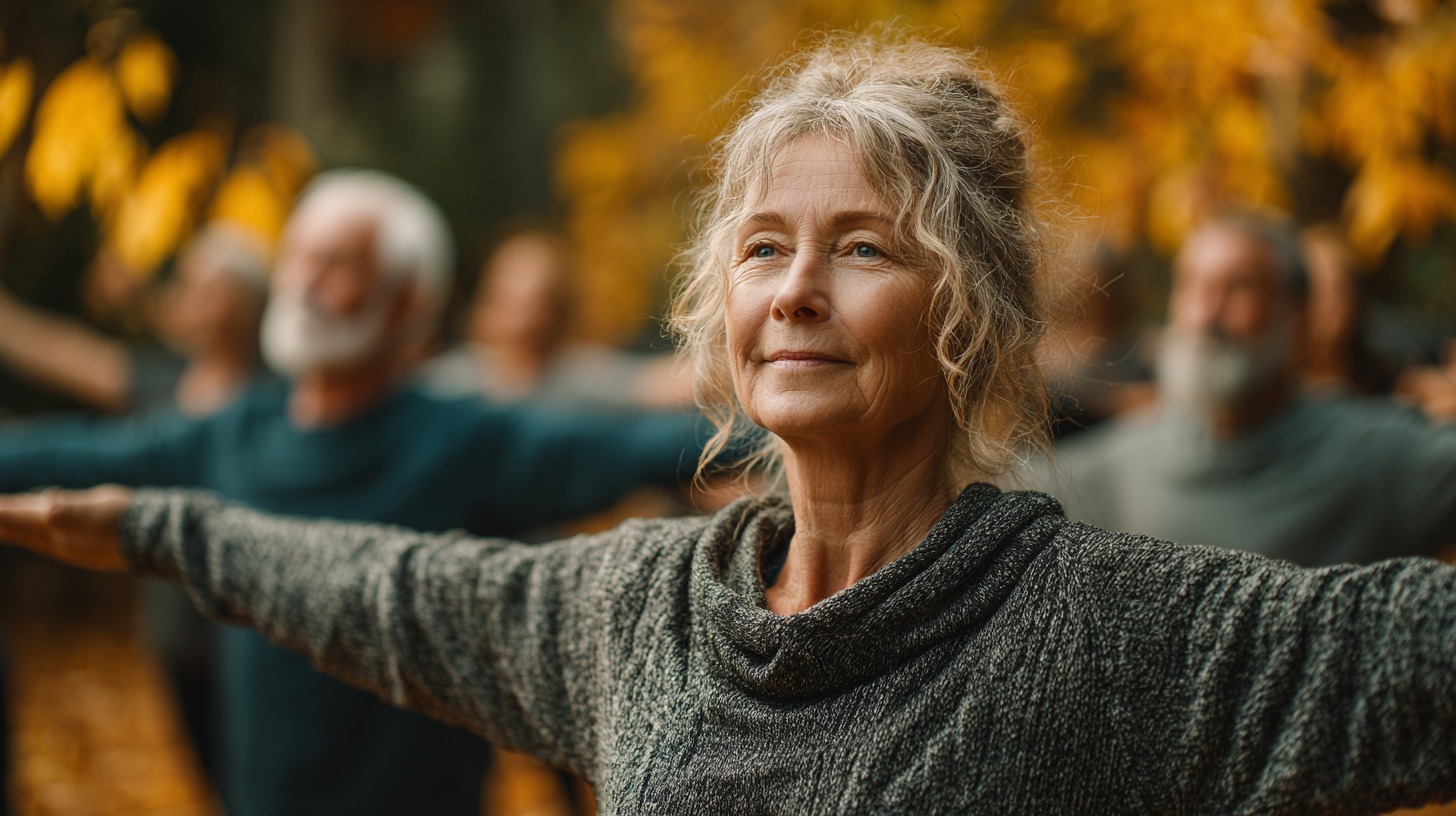 Група людей старшого віку виконує йогу на природі