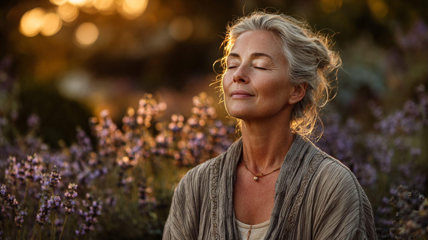 Жінка старшого віку медитує в позі лотоса на заході сонця